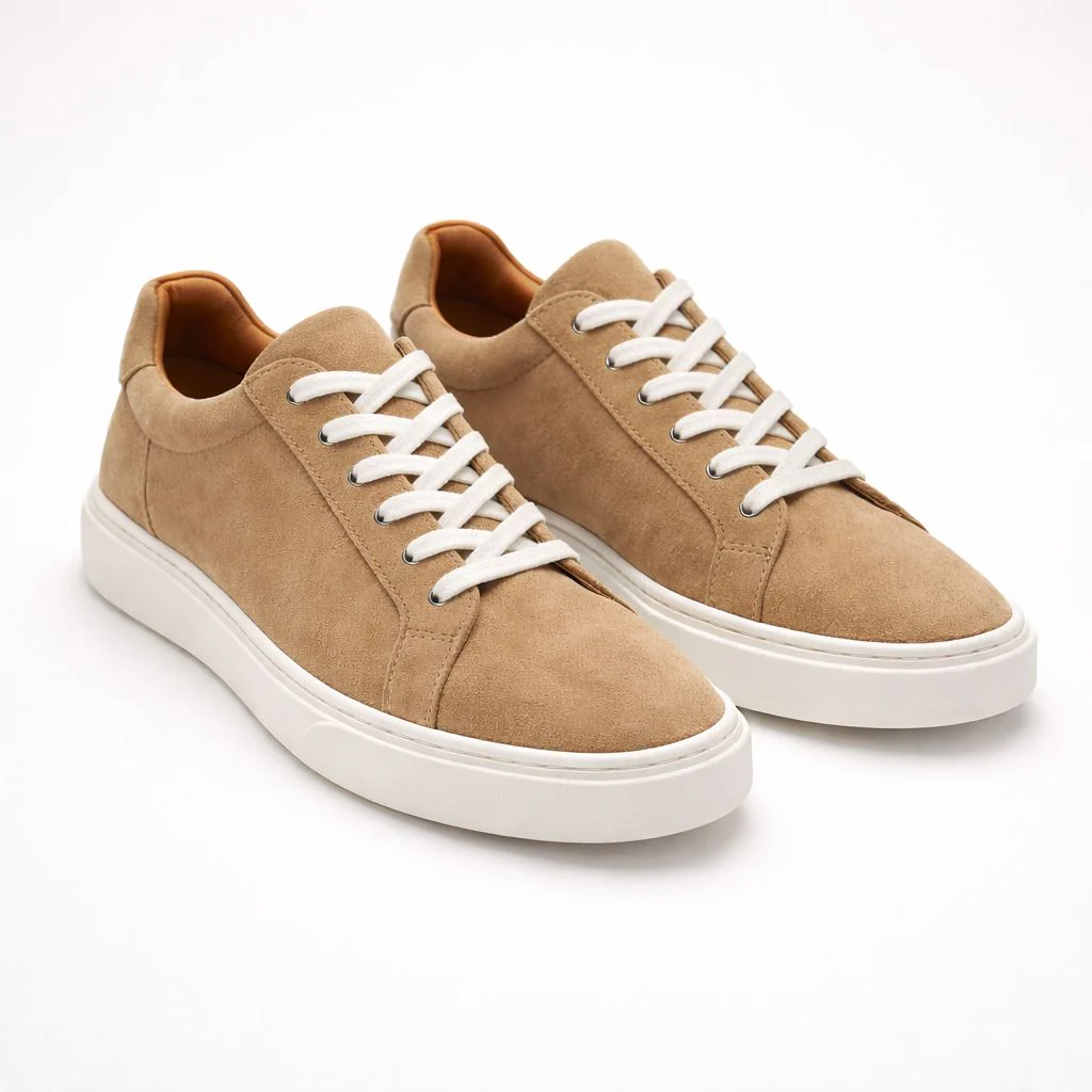 Bej - Beyaz Süet Sneaker +7CM Boy Uzatan Ayakkabı - Image 3