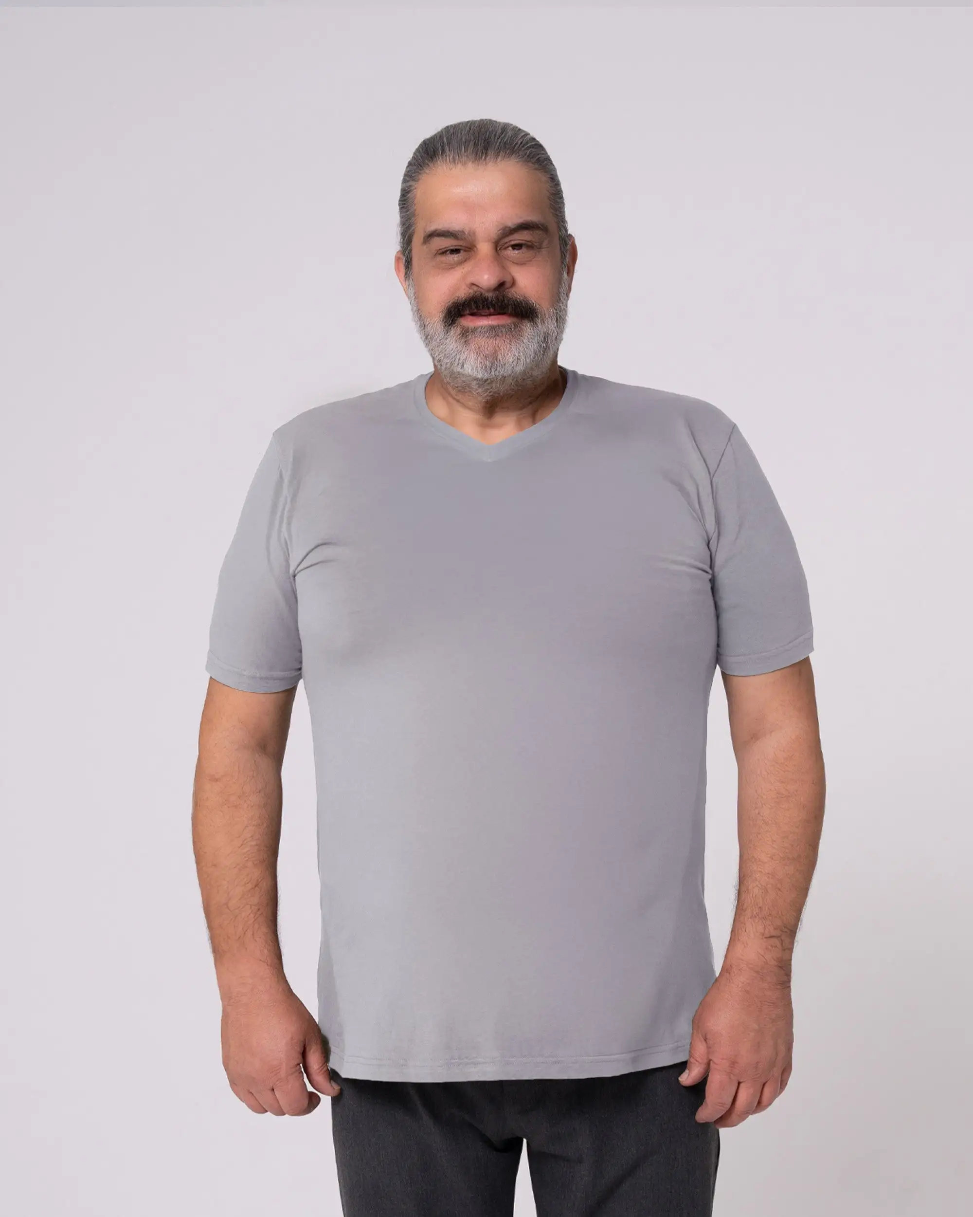 Gri V Yaka Tişört - Image 9