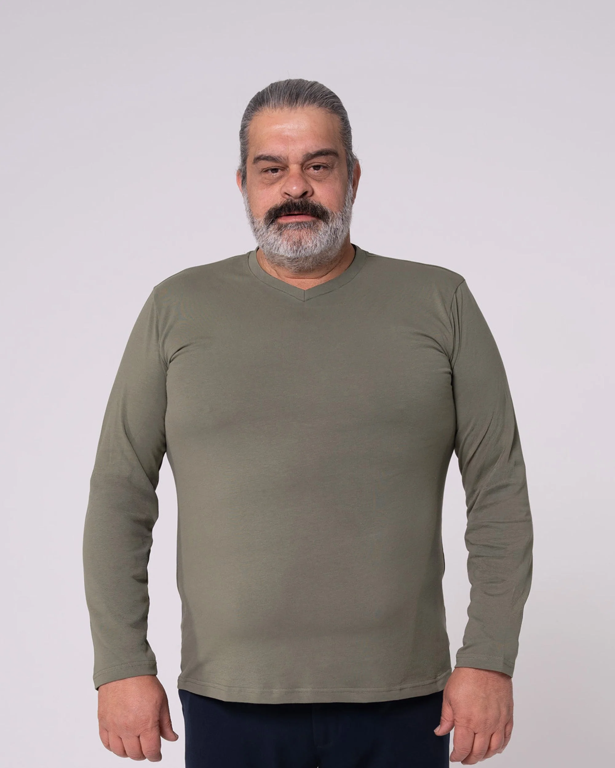 Haki Uzun Kollu V Yaka Tişört - Image 8