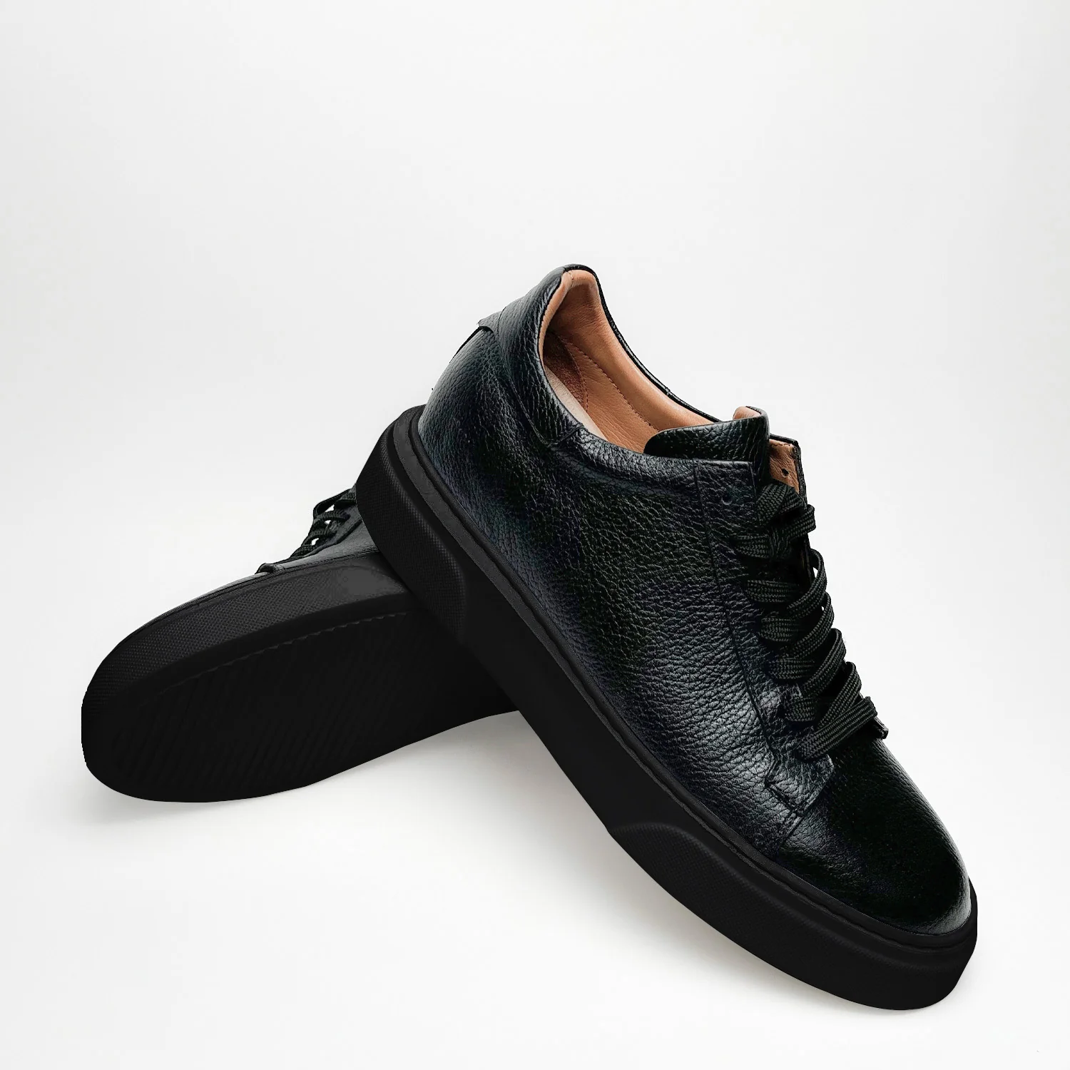 Siyah - Siyah Deri Sneaker Normal Taban - Image 3