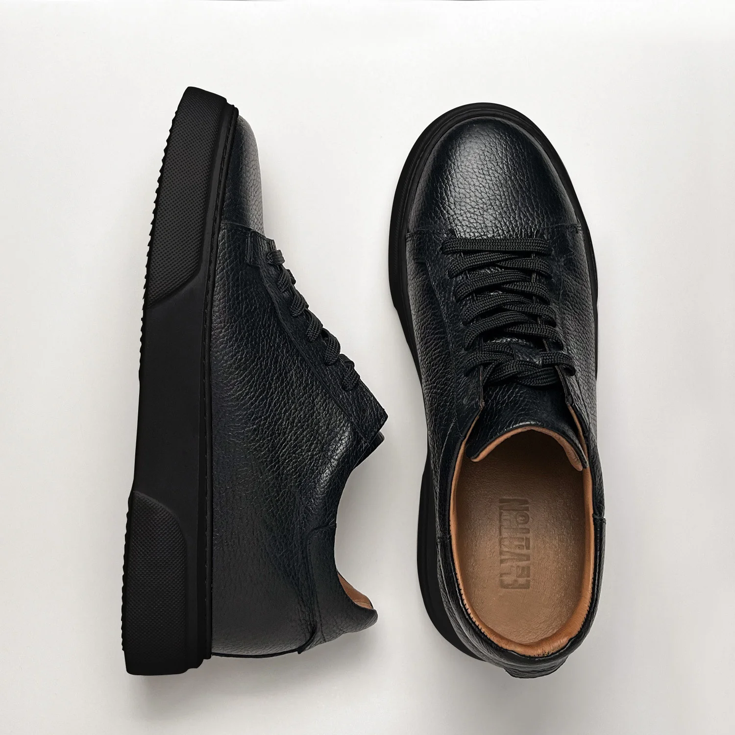 Siyah - Siyah Deri Sneaker Normal Taban - Image 7