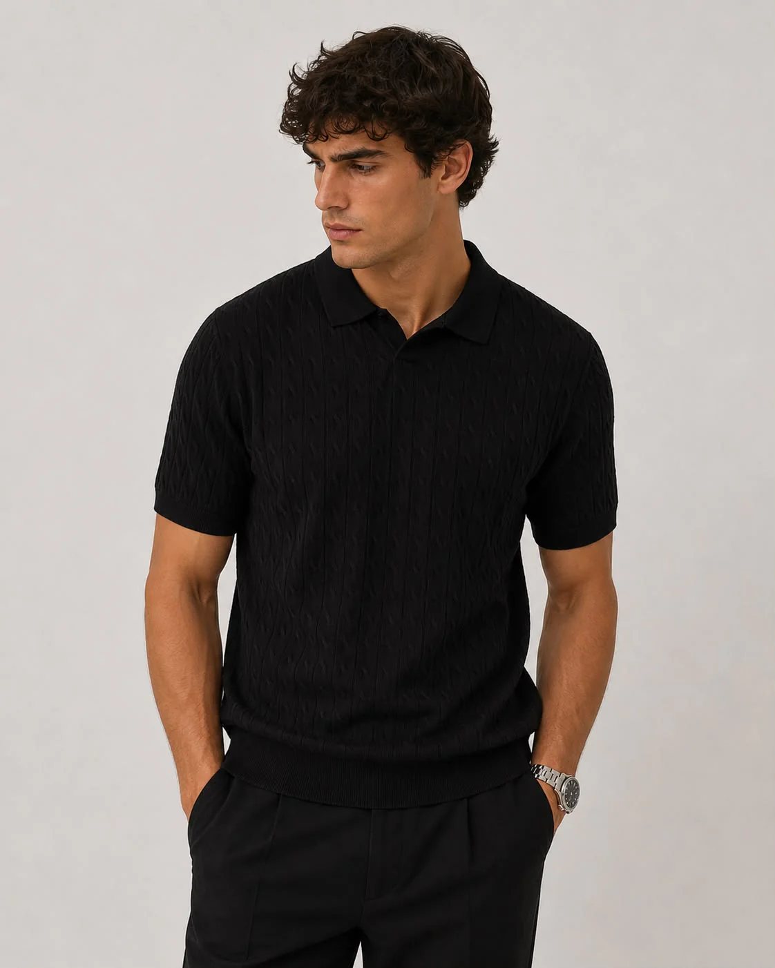 Siyah Triko Polo Yaka Tişört - Image 2